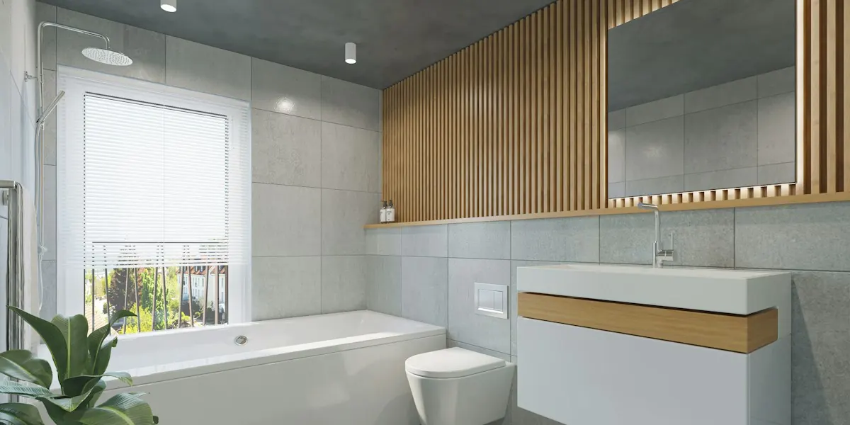 Modern bathroom with a soaking tub, floating vanity and wood slat wall