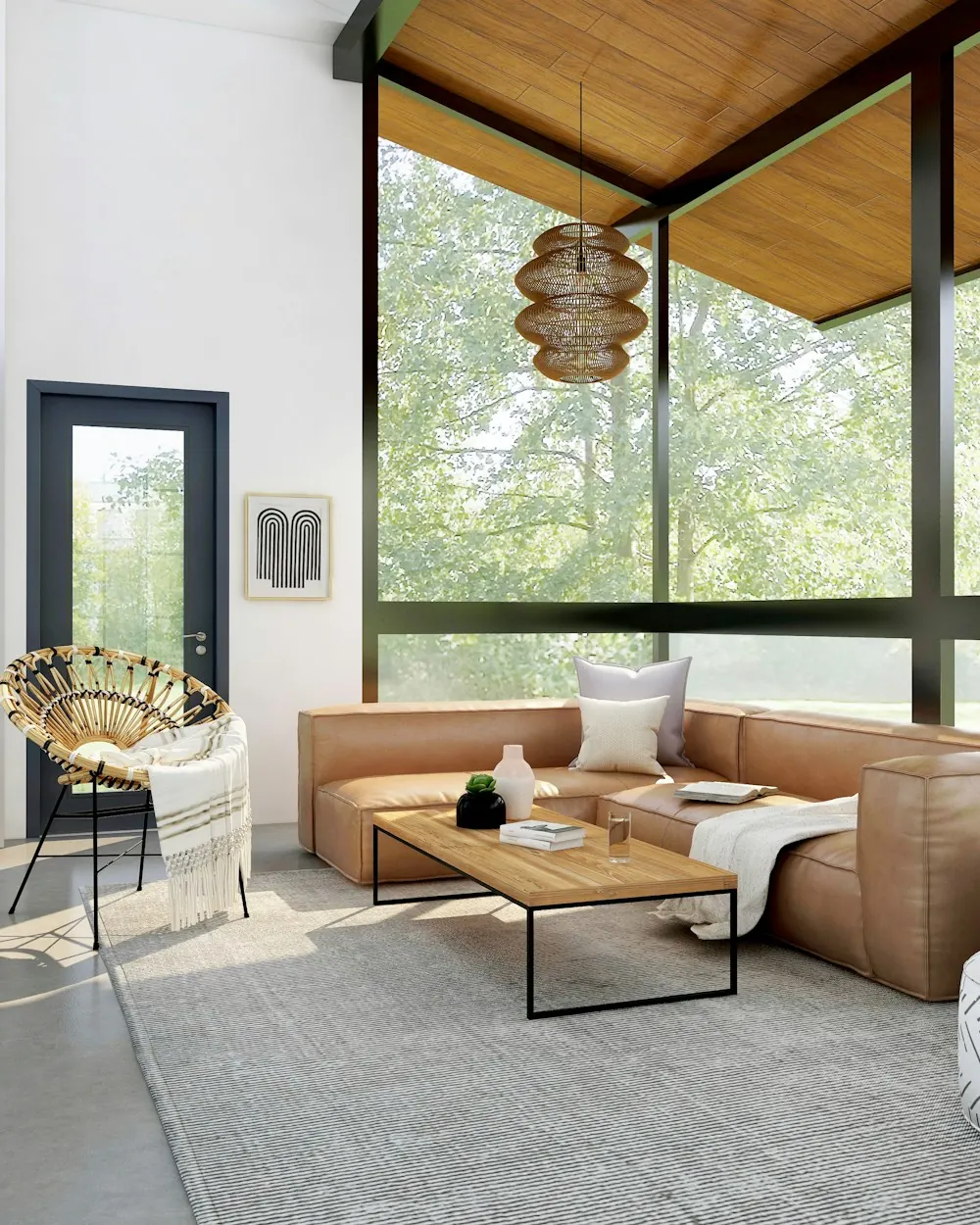 Living room with floor-to-ceiling windows and a wood ceiling