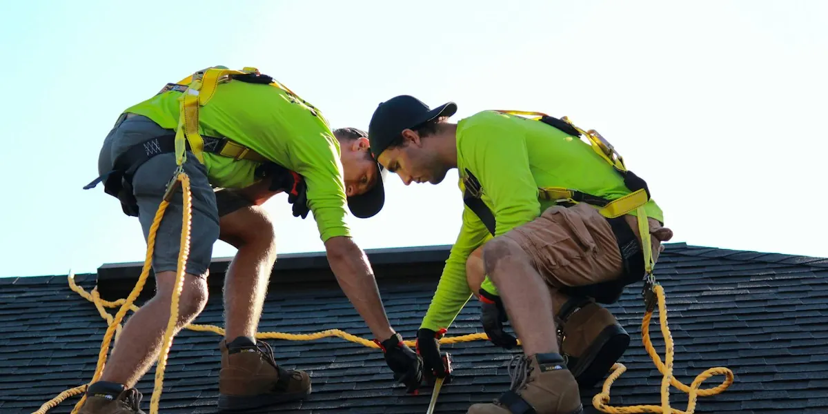 Two roofers in safety harnesses installing a new shingle roof